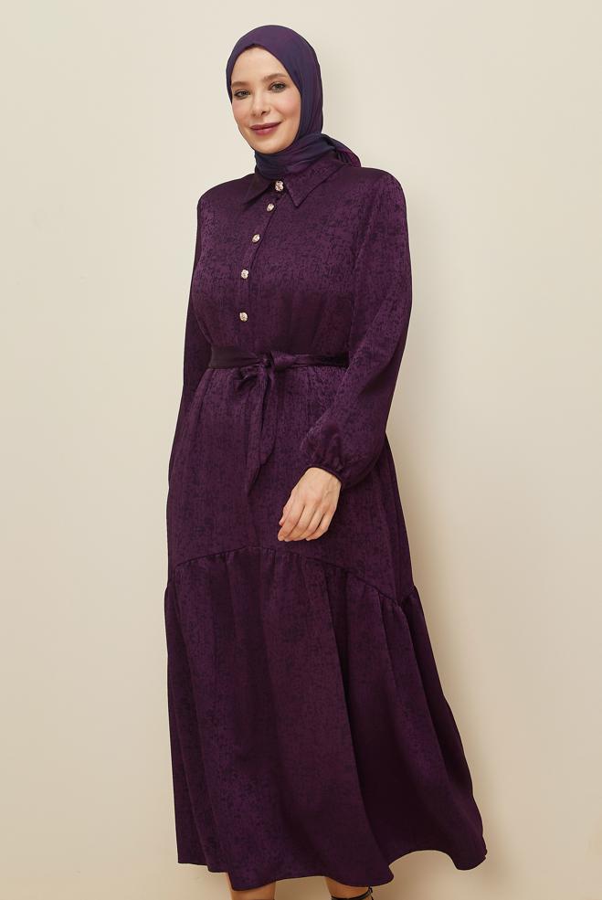 Vêtements hijab PRUNE ROBE JACQUARD CEINTURÉE 20874 - ALVİNA