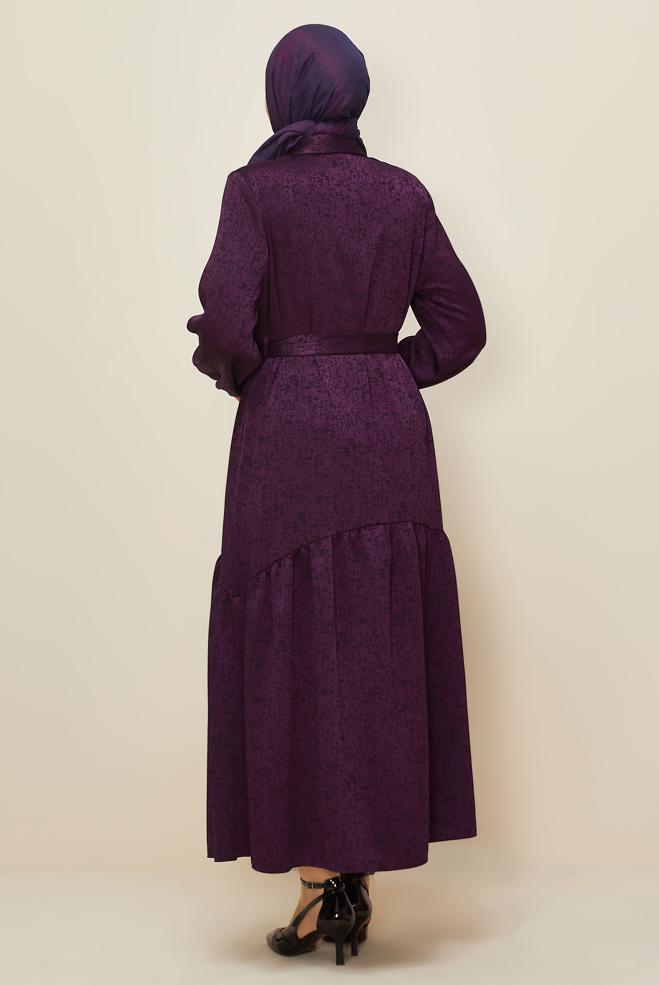 Vêtements hijab PRUNE ROBE JACQUARD CEINTURÉE 20874 - ALVİNA