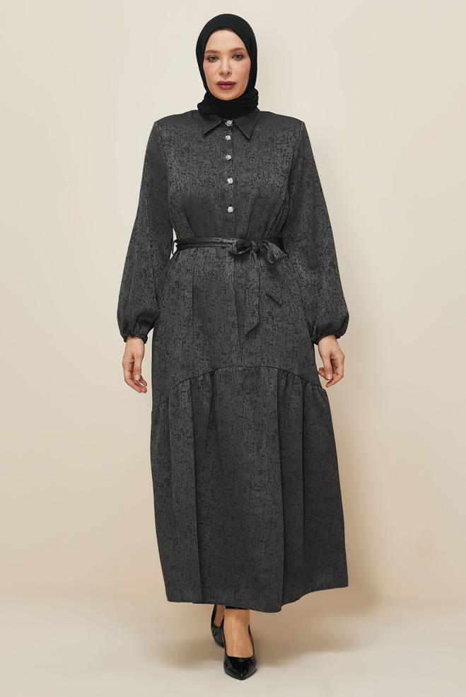 Vêtements hijab GRIS ROBE JACQUARD CEINTURÉE 20874 - ALVİNA