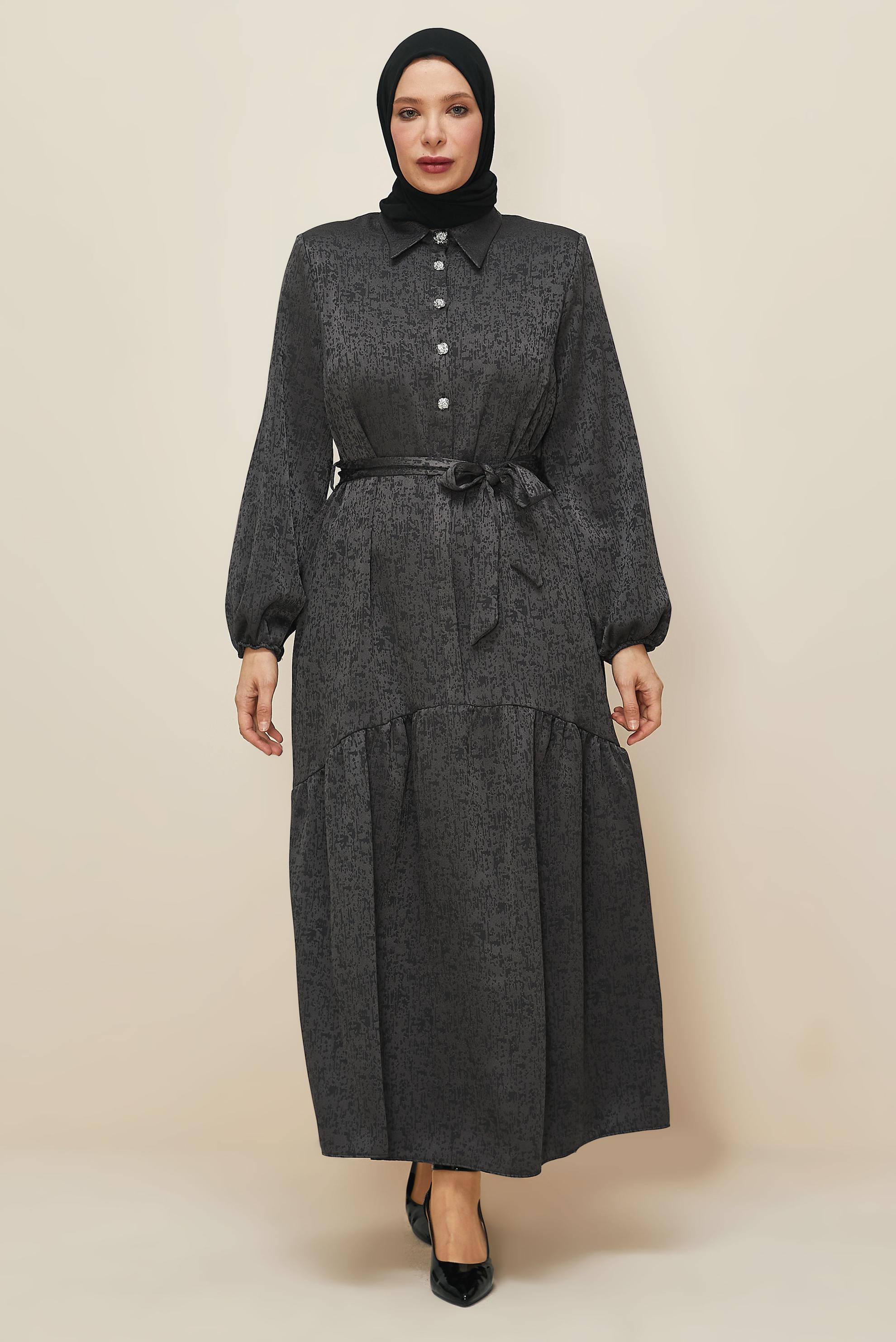 Vêtements hijab GRIS ROBE JACQUARD CEINTURÉE 20874