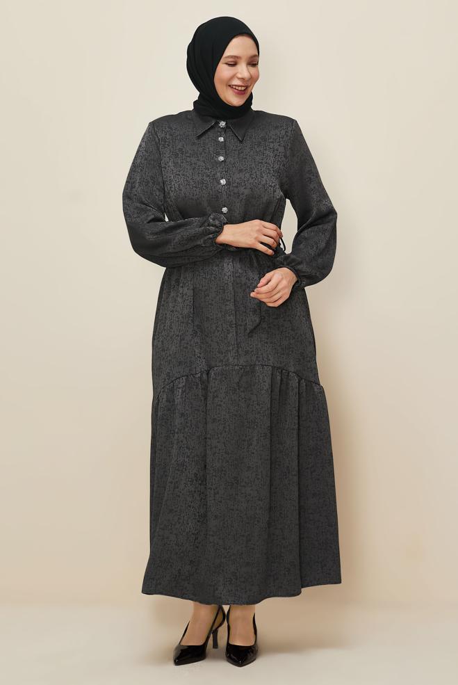 Vêtements hijab GRIS ROBE JACQUARD CEINTURÉE 20874 - ALVİNA
