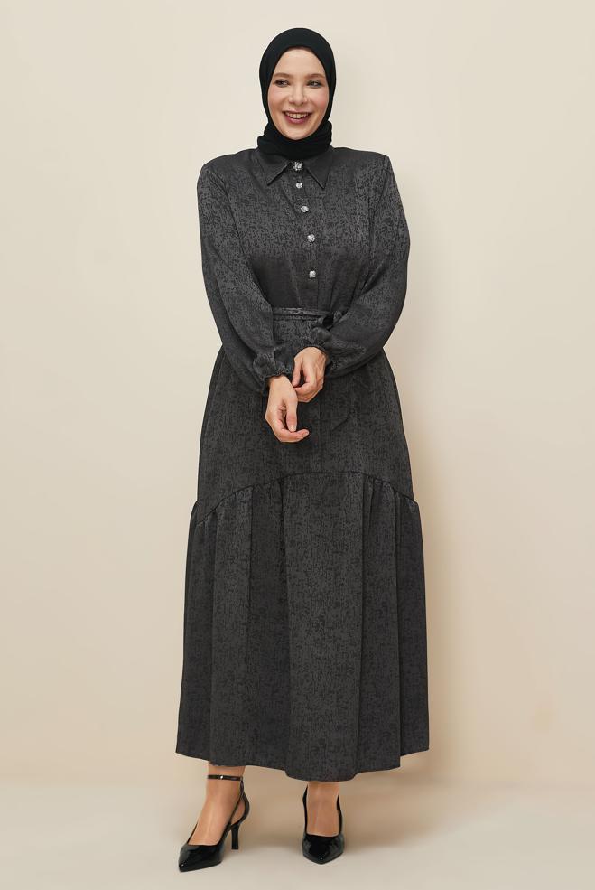 Vêtements hijab GRIS ROBE JACQUARD CEINTURÉE 20874 - ALVİNA