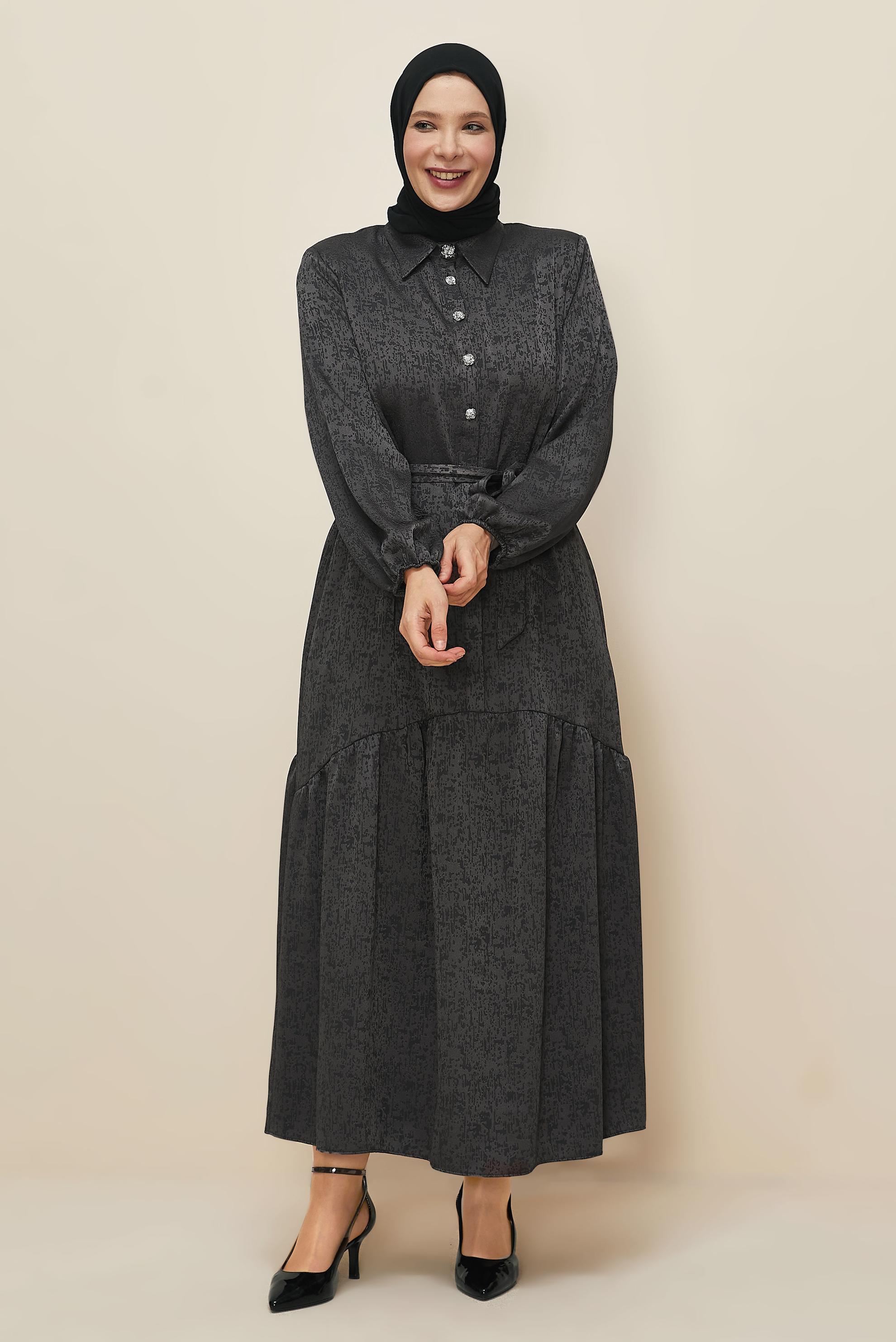 Vêtements hijab GRIS ROBE JACQUARD CEINTURÉE 20874