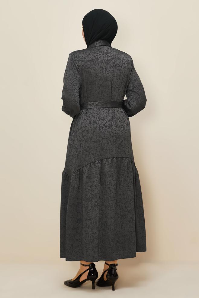 Vêtements hijab GRIS ROBE JACQUARD CEINTURÉE 20874 - ALVİNA
