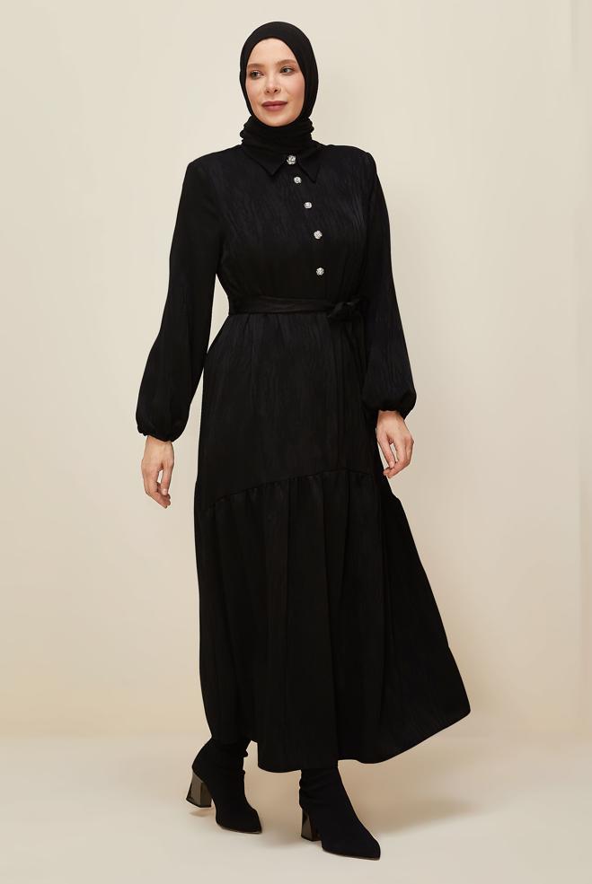 Hijab clothing BLACK 20874-1 JAKAR 90010-1 ELBİSE 42-46 TEK44 - ALVİNA