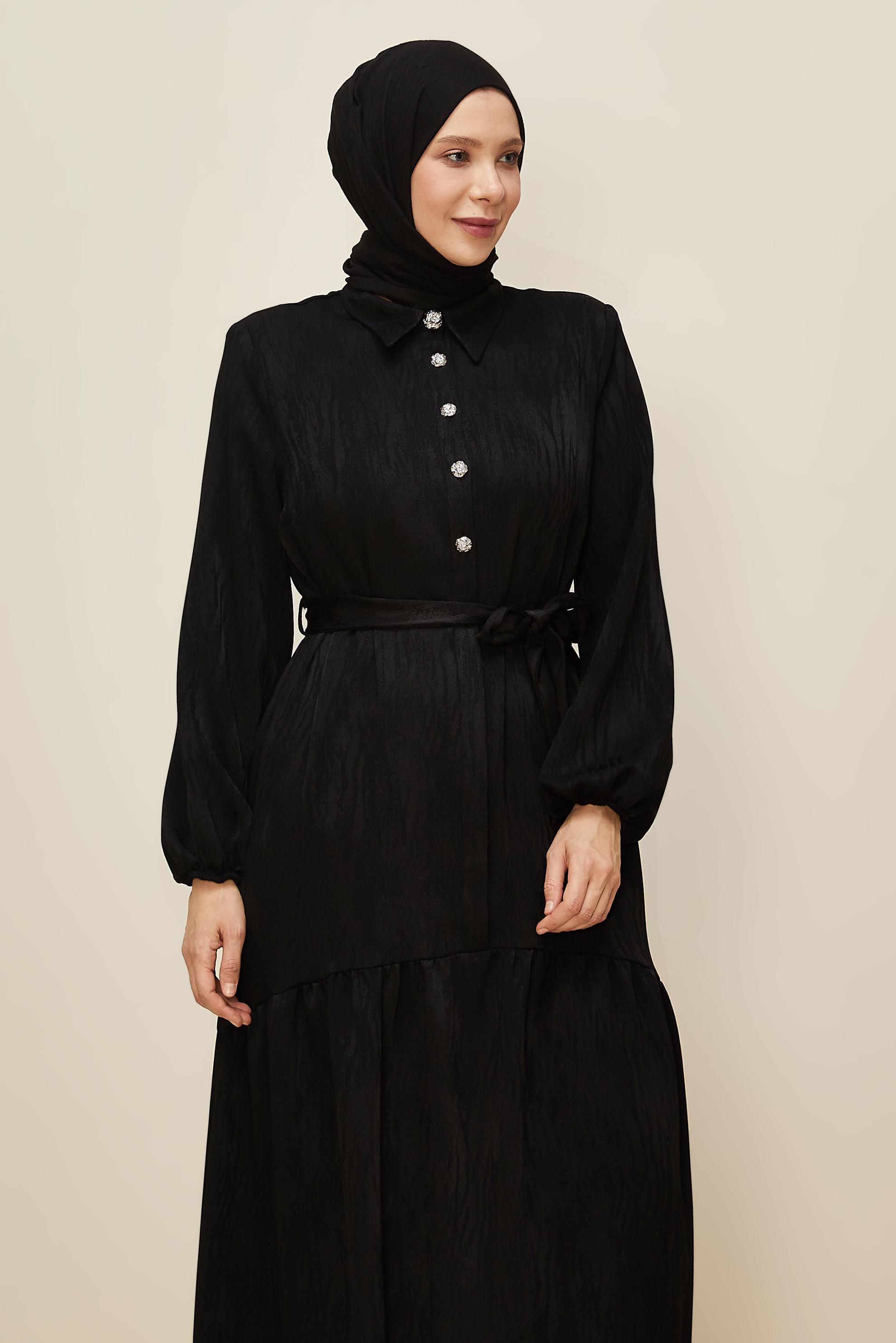 Vêtements hijab NOIR ROBE JACQUARD CEINTURÉE 20874-1