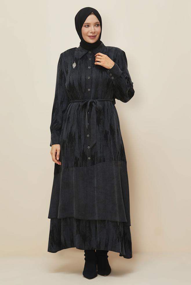 Vêtements hijab NOIR ROBE CEINTURÉE 20885 - ALVİNA