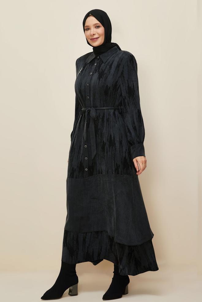 Vêtements hijab NOIR ROBE CEINTURÉE 20885 - ALVİNA
