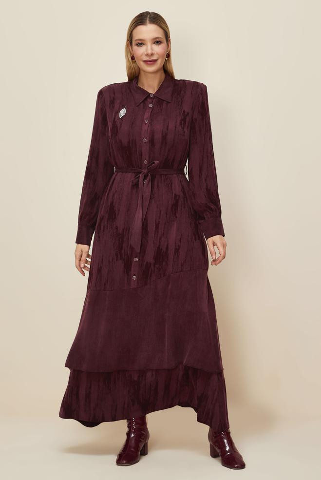 Vêtements hijab ROUGE BORDEAUX ROBE CEINTURÉE 20885 - ALVİNA