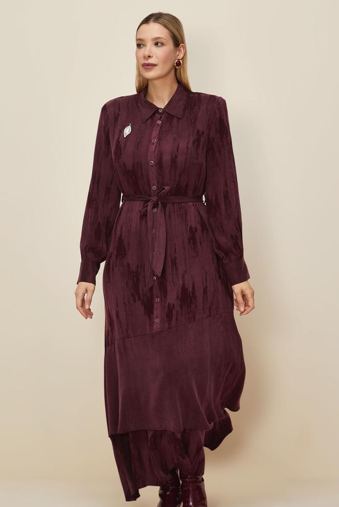 Vêtements hijab ROUGE BORDEAUX ROBE CEINTURÉE 20885 - ALVİNA