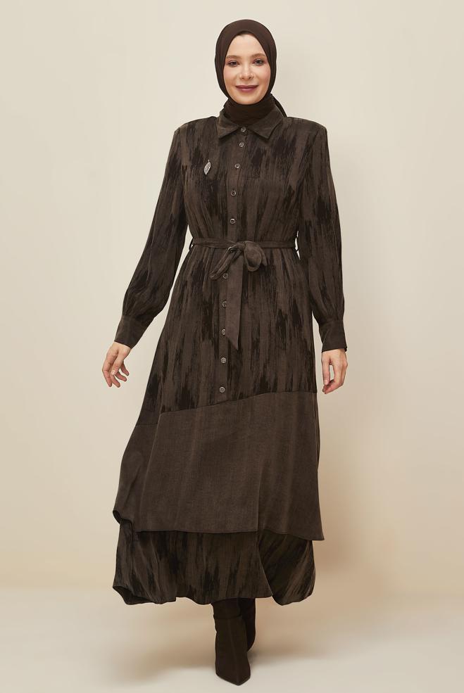 Vêtements hijab BRUN ROBE CEINTURÉE 20885 - ALVİNA