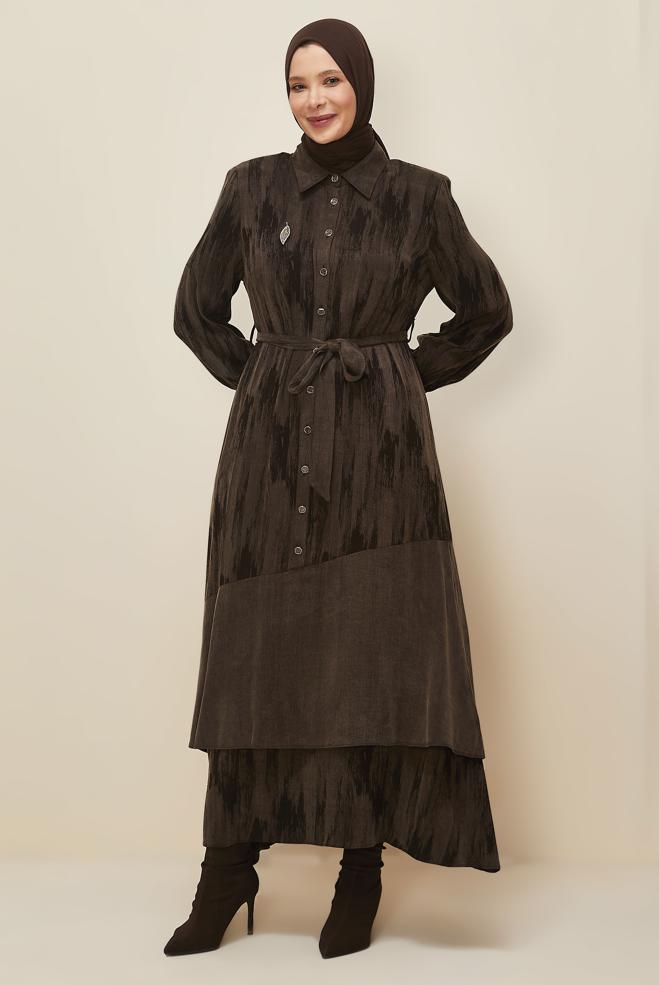 Vêtements hijab BRUN ROBE CEINTURÉE 20885 - ALVİNA