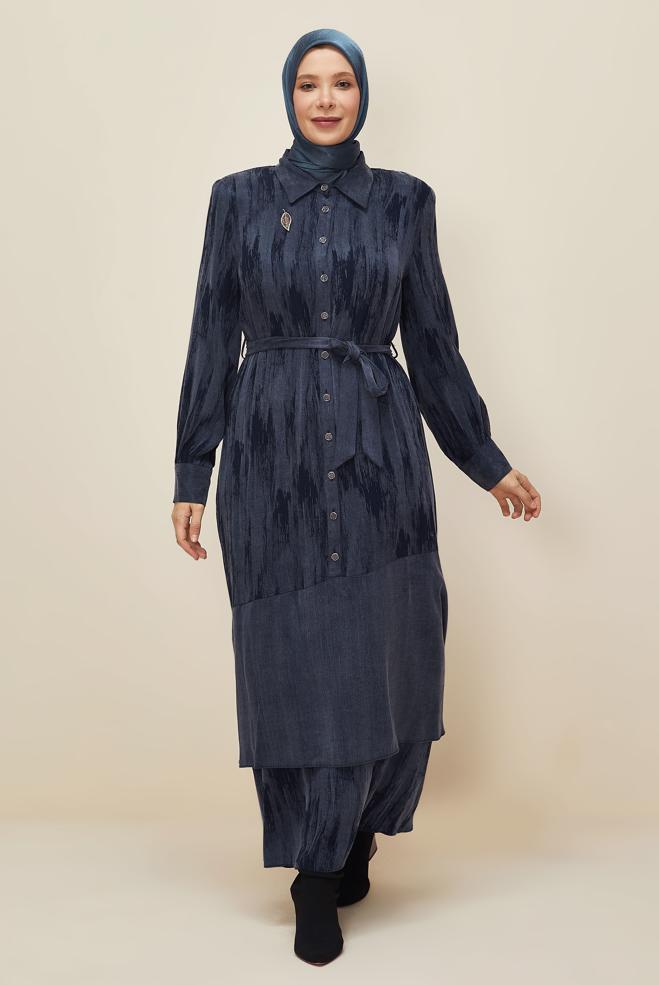 Vêtements hijab BLEU MARINE ROBE CEINTURÉE 20885 - ALVİNA