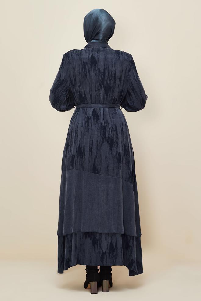 Vêtements hijab BLEU MARINE ROBE CEINTURÉE 20885 - ALVİNA