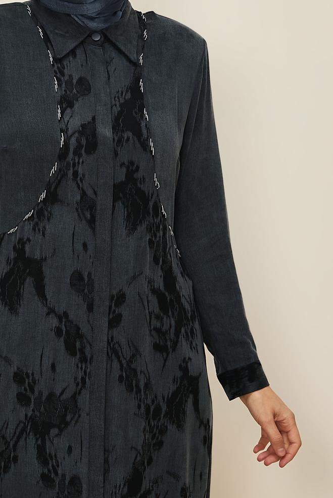 Vêtements hijab NOIR ROBE À COL CHEMISE 20893 - ALVİNA