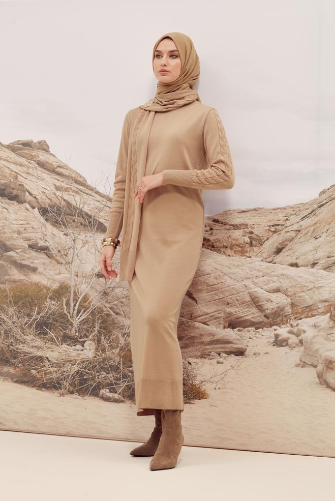 Hijab clothing BEIGE KNITWEAR DRESS 45821 - ALVİNA