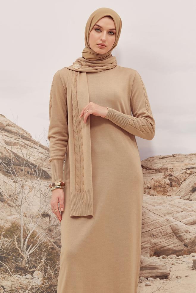 Hijab clothing BEIGE KNITWEAR DRESS 45821 - ALVİNA