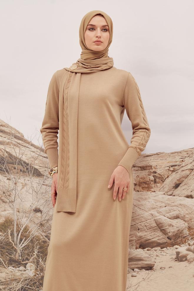 Hijab clothing BEIGE KNITWEAR DRESS 45821 - ALVİNA