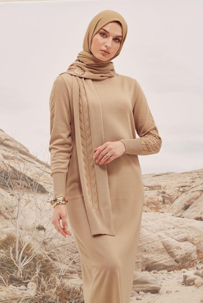 Hijab clothing BEIGE KNITWEAR DRESS 45821 - ALVİNA