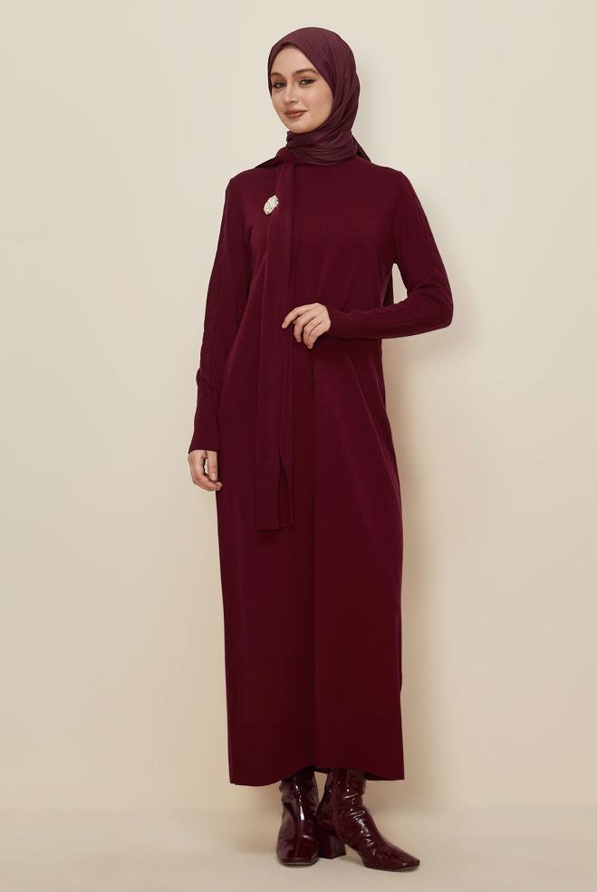Tesettür giyim BORDO TRİKO ELBİSE 45821 - ALVİNA