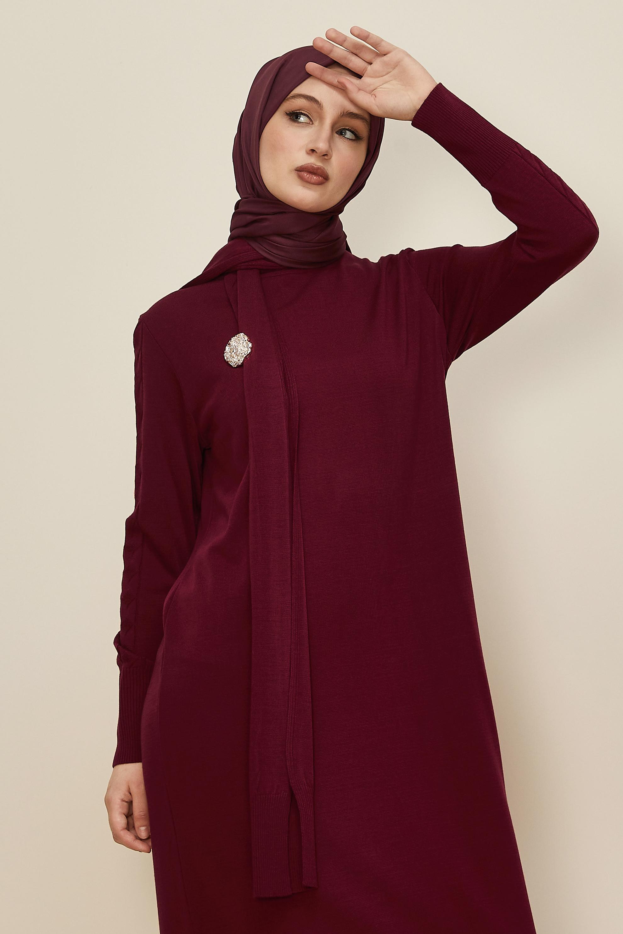 Tesettür giyim BORDO TRİKO ELBİSE 45821