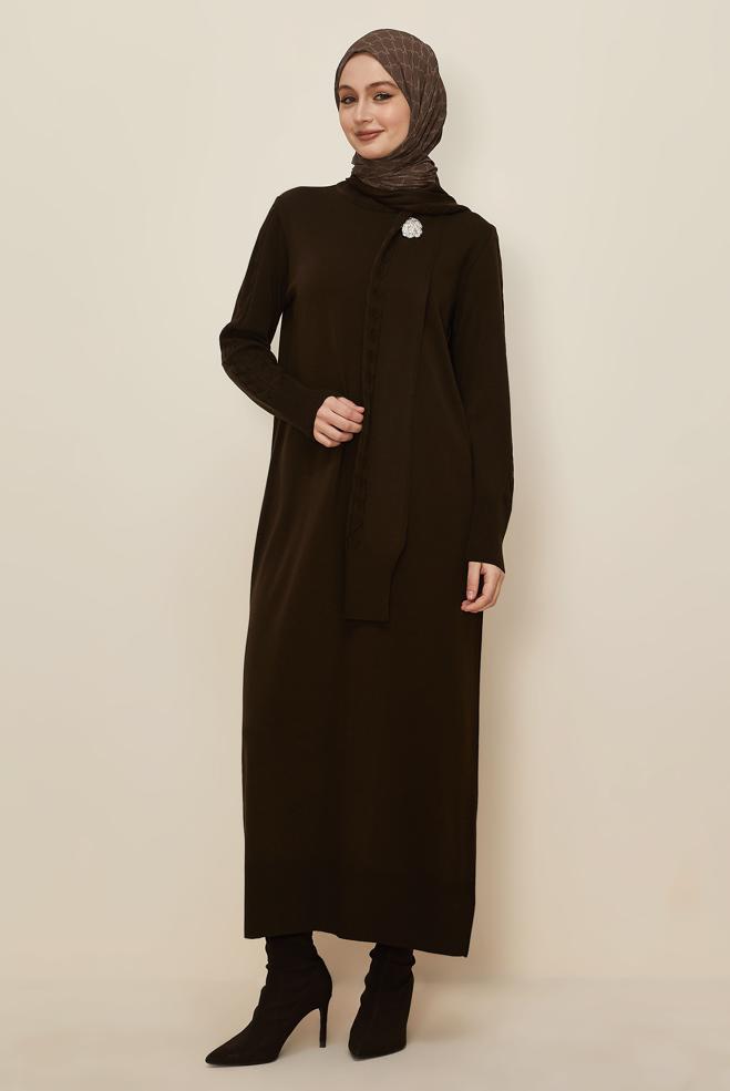 Tesettür giyim KAHVE TRİKO ELBİSE 45821 - ALVİNA