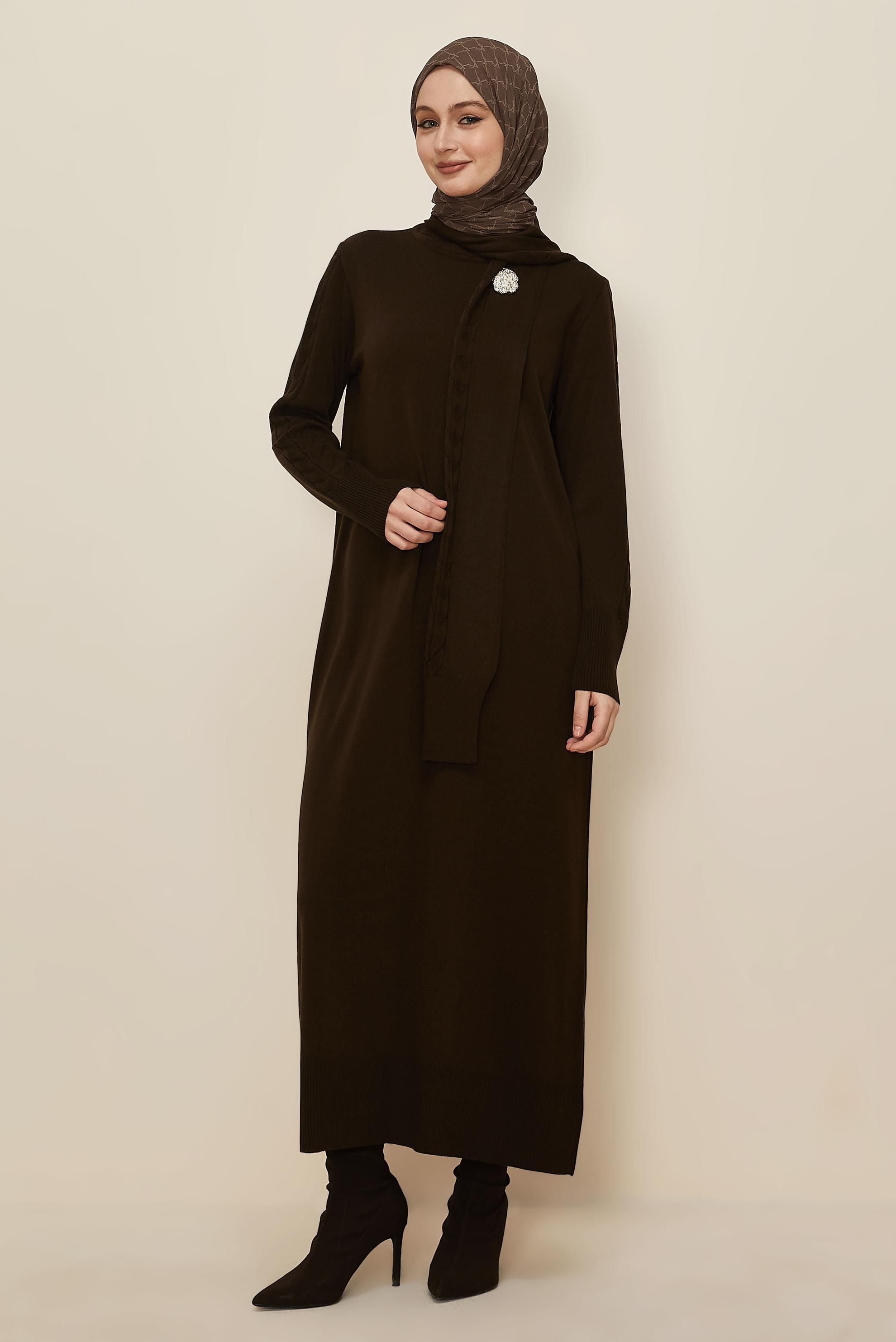 Tesettür giyim KAHVE TRİKO ELBİSE 45821