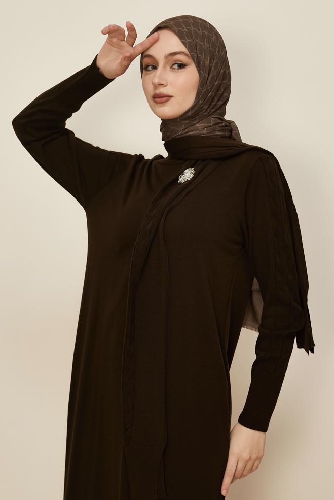 Tesettür giyim KAHVE TRİKO ELBİSE 45821 - ALVİNA