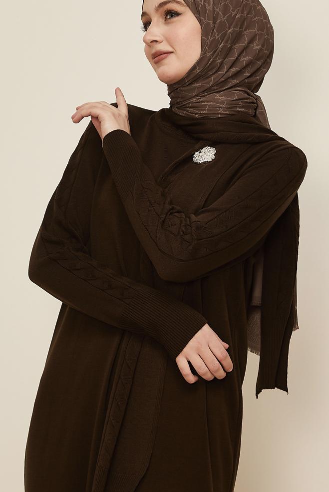 Tesettür giyim KAHVE TRİKO ELBİSE 45821 - ALVİNA
