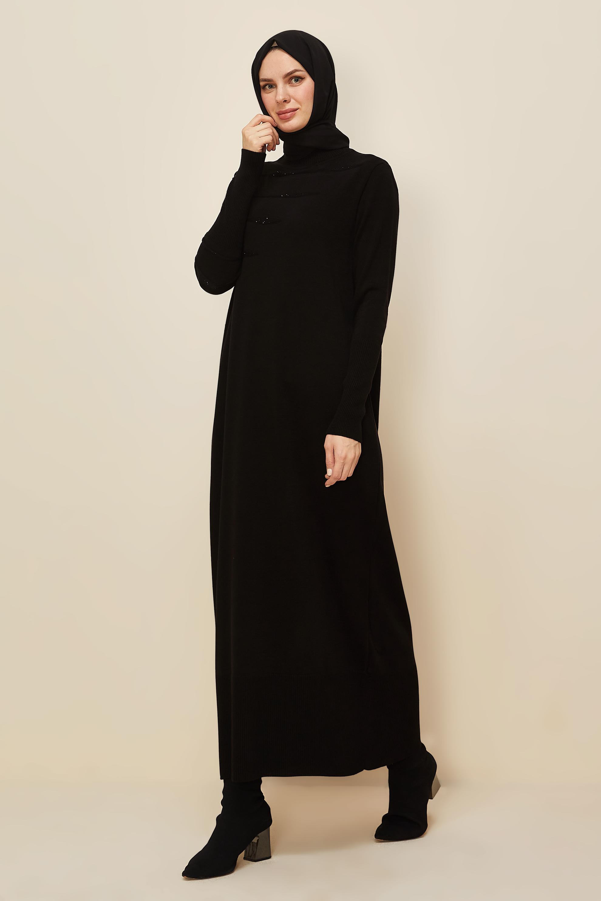 Tesettür giyim SİYAH 45822 TRİKO ELBİSE 38-46