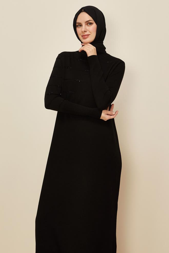 Tesettür giyim SİYAH 45822 TRİKO ELBİSE 38-46 - ALVİNA