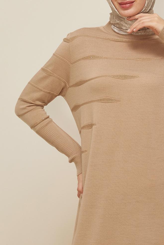 Tesettür giyim BEJ 45822 TRİKO ELBİSE 38-46 - ALVİNA