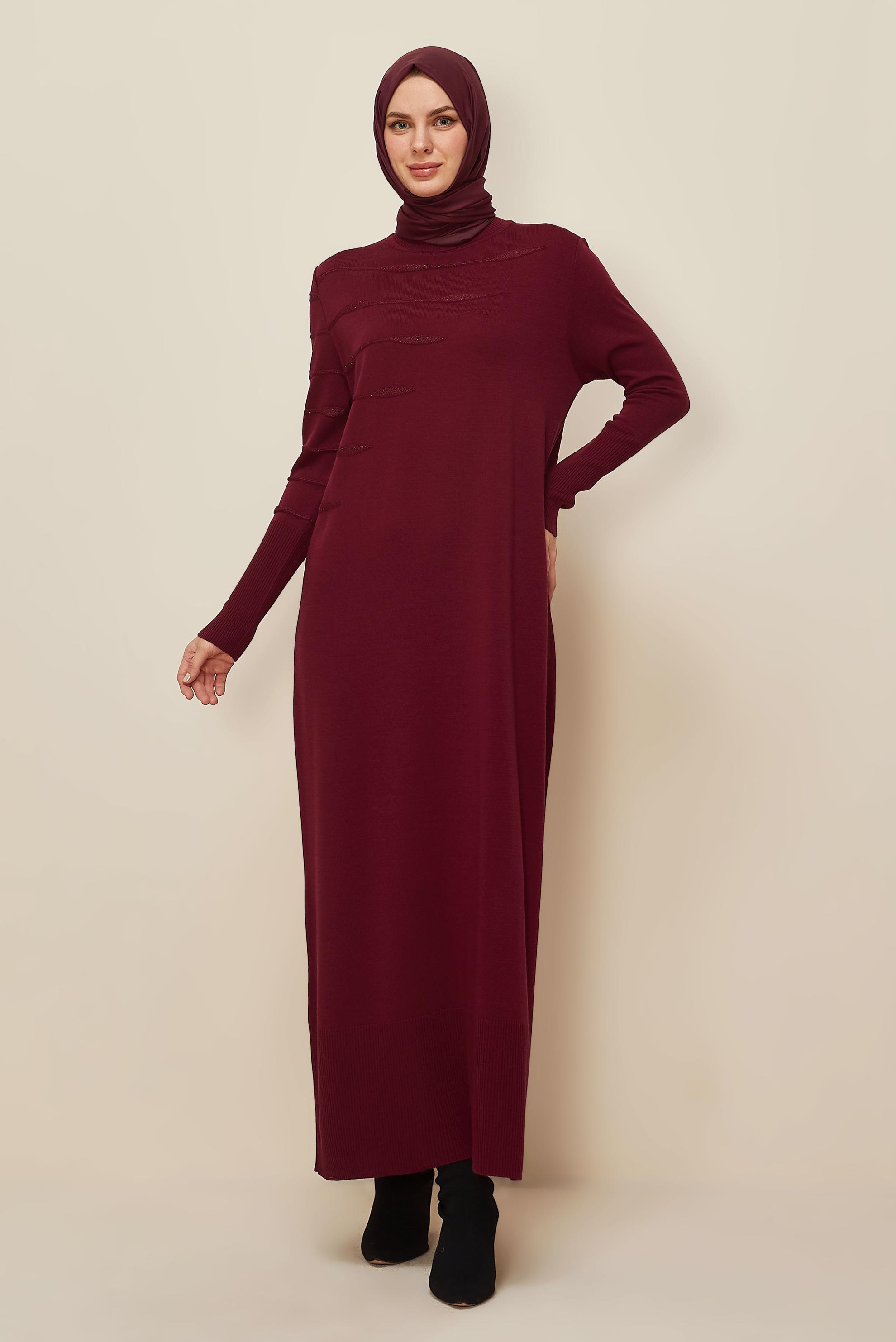 Tesettür giyim BORDO 45822 TRİKO ELBİSE 38-46