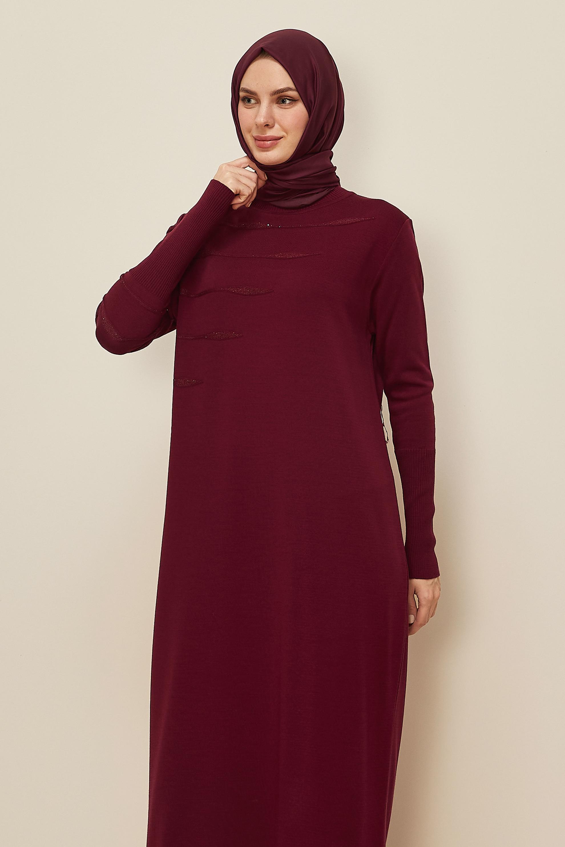 Tesettür giyim BORDO 45822 TRİKO ELBİSE 38-46