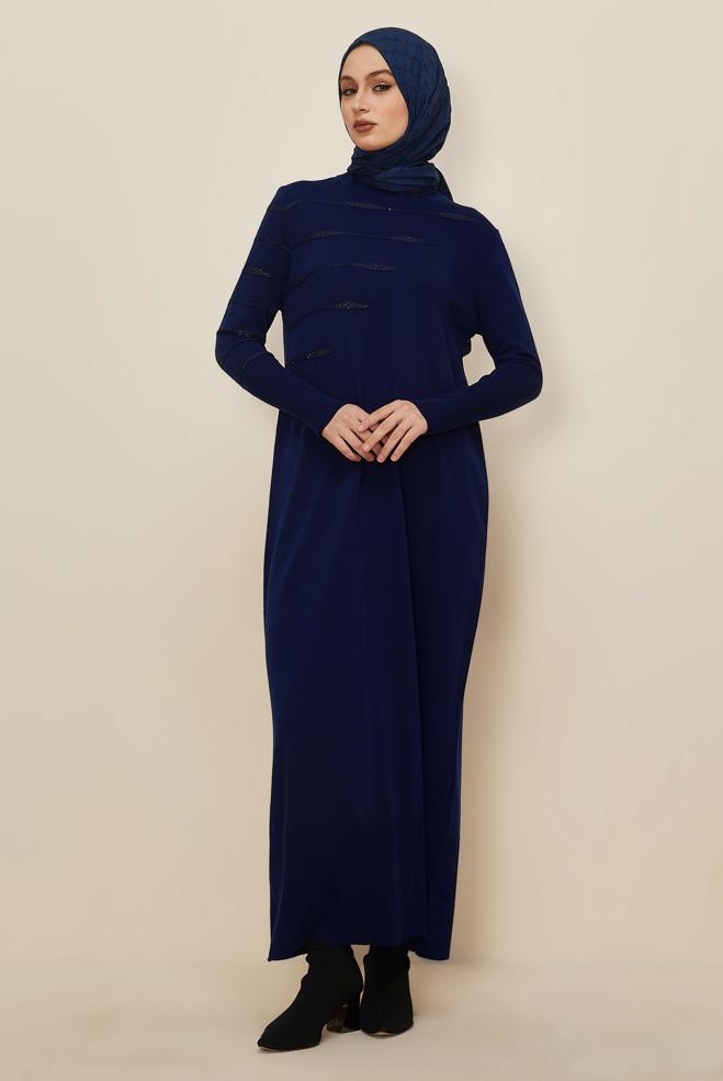 Tesettür giyim LACİVERT PUL İŞLEMELİ TRİKO ELBİSE 45822 - ALVİNA