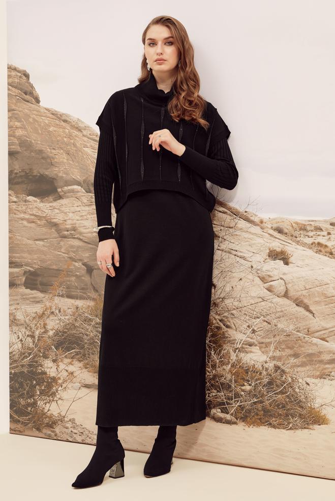 Tesettür giyim SİYAH 45823 2 Lİ TRİKO ELBİSE 38-46 - ALVİNA