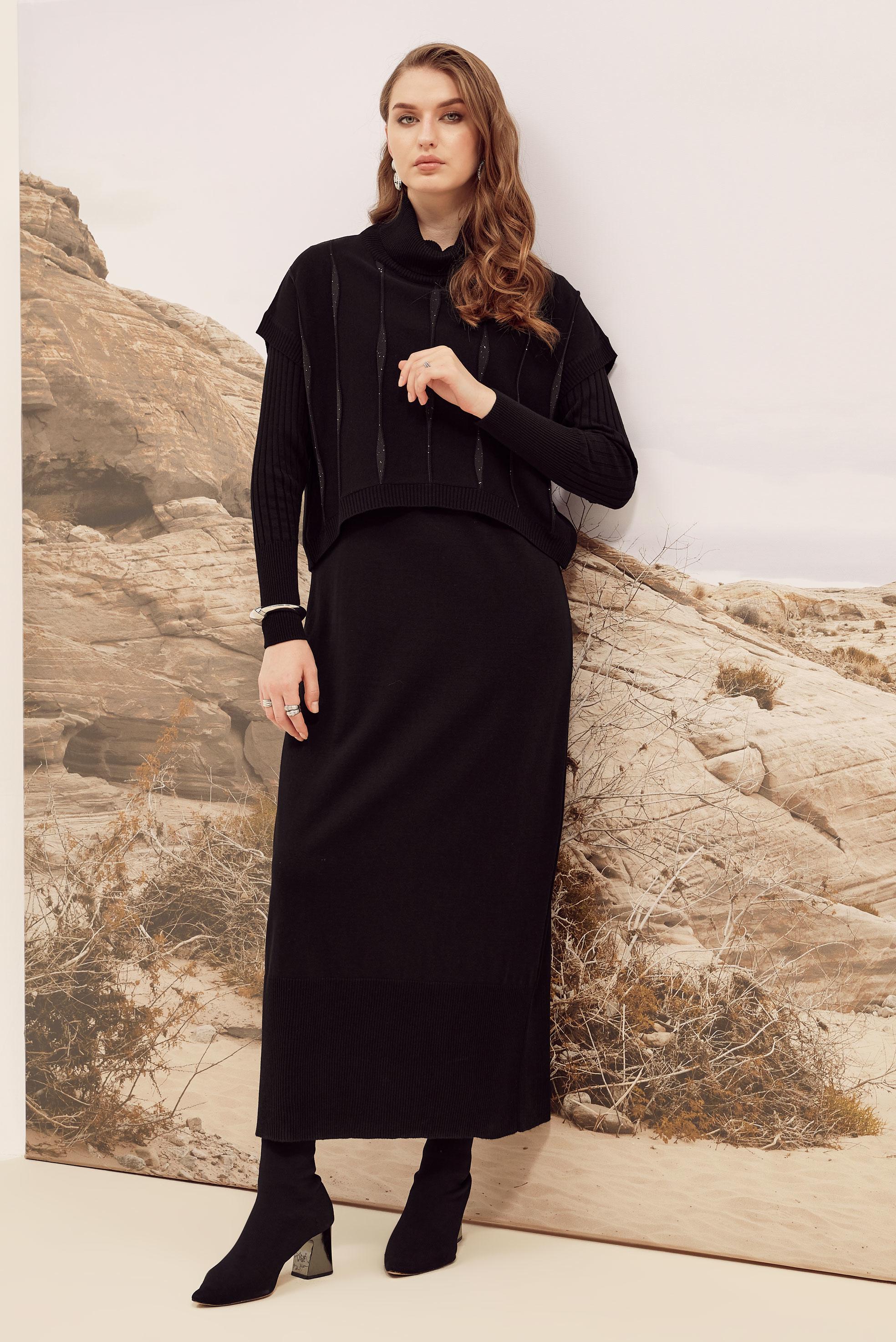 Tesettür giyim SİYAH 45823 2 Lİ TRİKO ELBİSE 38-46