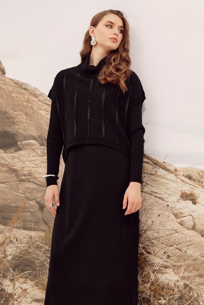 Tesettür giyim SİYAH 45823 2 Lİ TRİKO ELBİSE 38-46 - ALVİNA