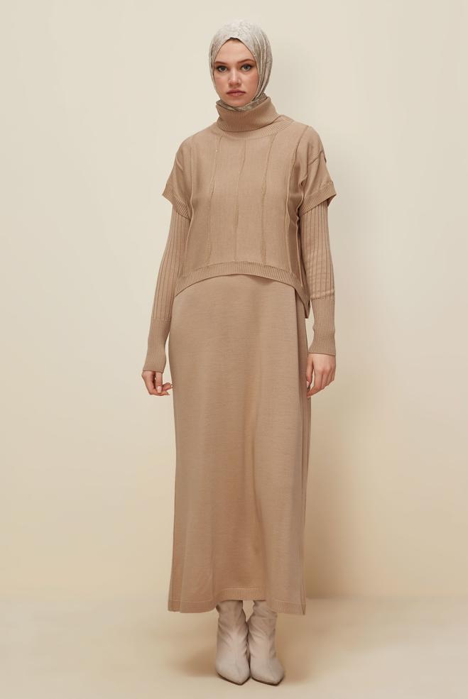 Tesettür giyim BEJ TUNİKLİ TRİKO ELBİSE 45823 - ALVİNA