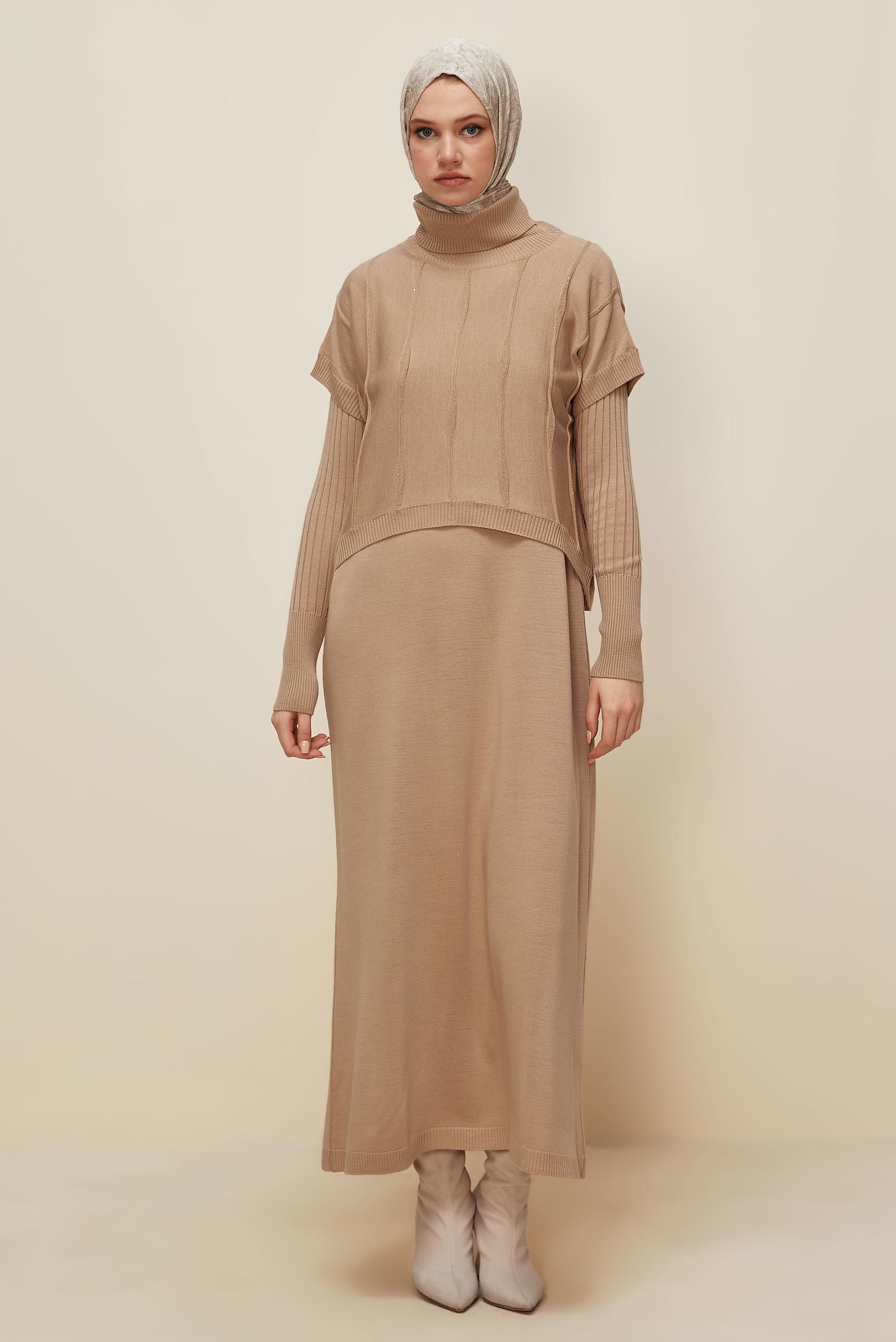 Tesettür giyim BEJ TUNİKLİ TRİKO ELBİSE 45823