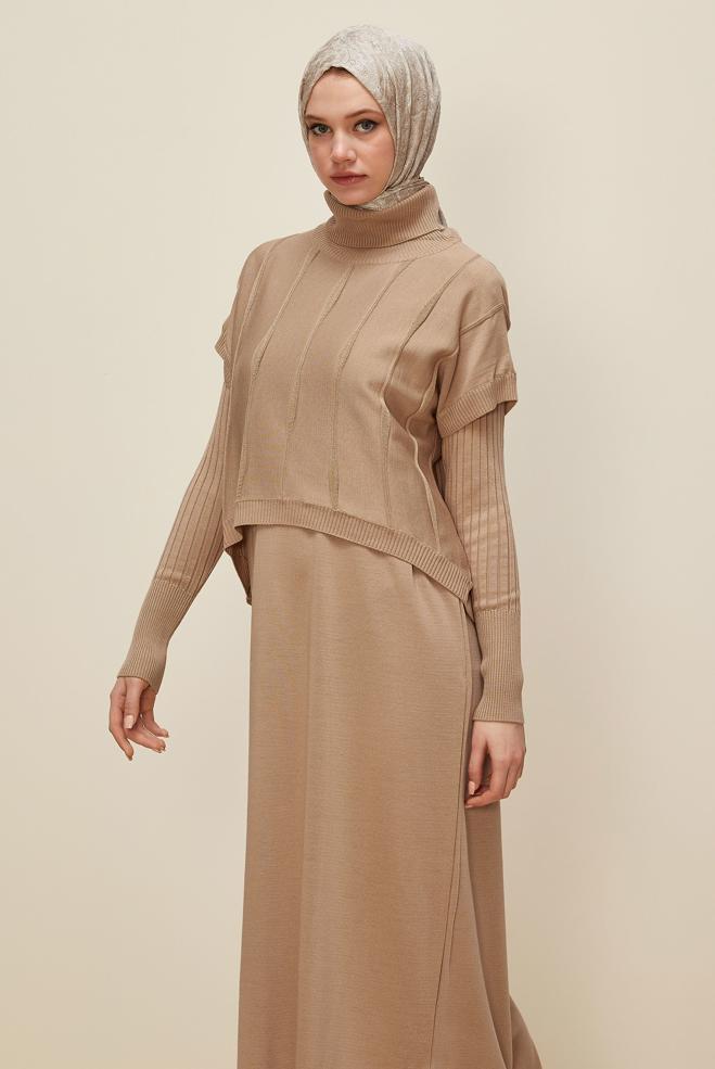 Tesettür giyim BEJ TUNİKLİ TRİKO ELBİSE 45823 - ALVİNA