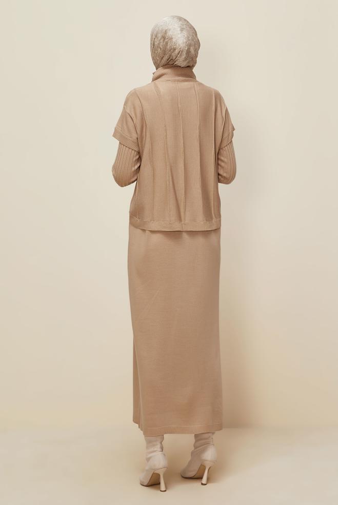 Tesettür giyim BEJ TUNİKLİ TRİKO ELBİSE 45823 - ALVİNA