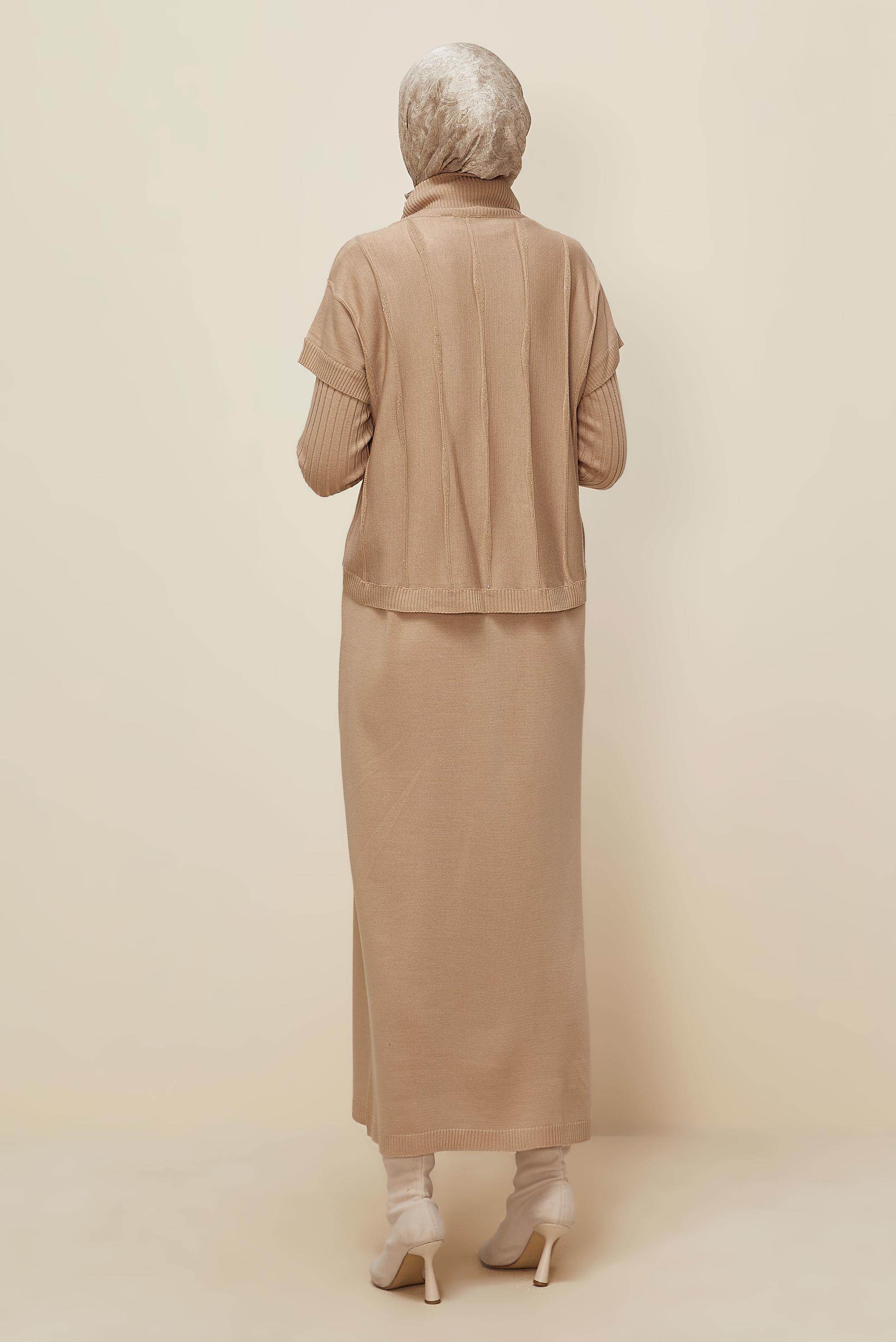 Tesettür giyim BEJ TUNİKLİ TRİKO ELBİSE 45823
