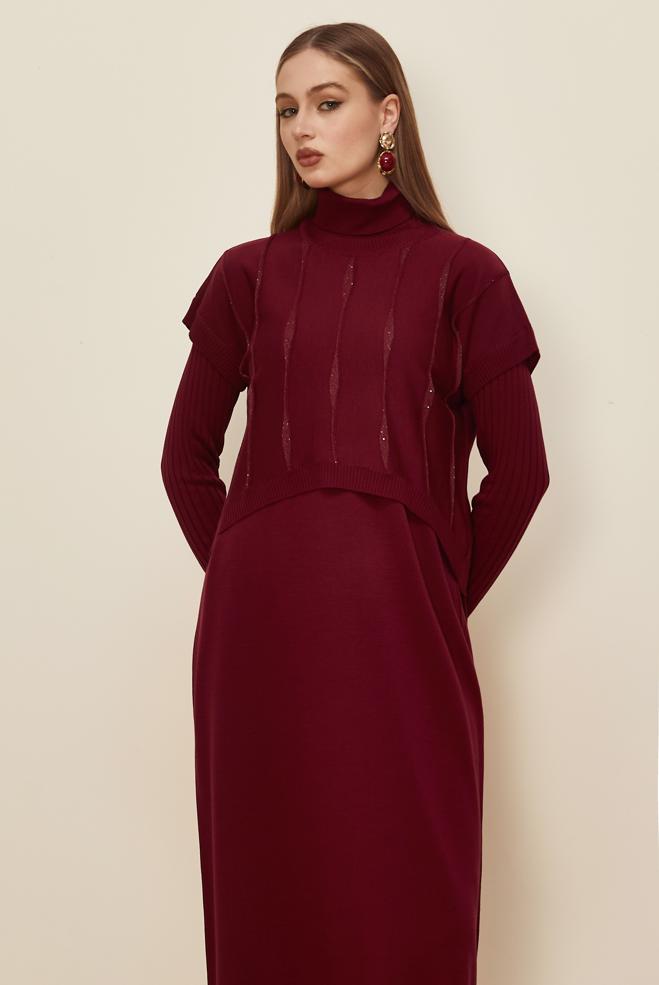 Tesettür giyim BORDO 45823 2 Lİ TRİKO ELBİSE 38-46 - ALVİNA