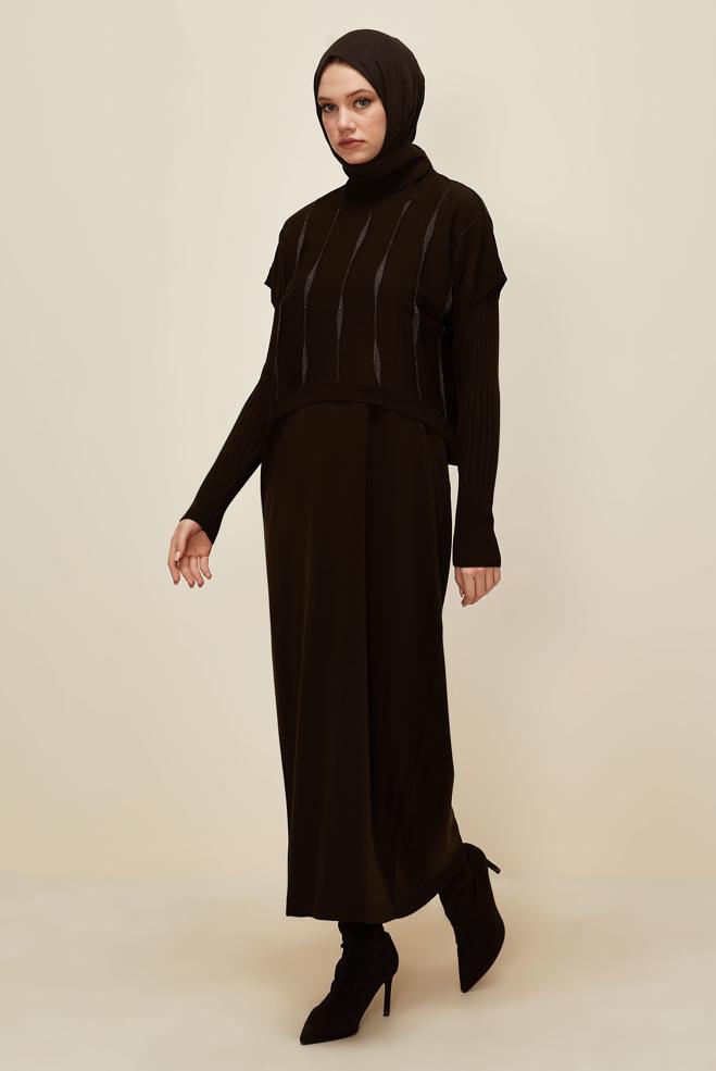 Tesettür giyim KAHVE TUNİKLİ TRİKO ELBİSE 45823 - ALVİNA