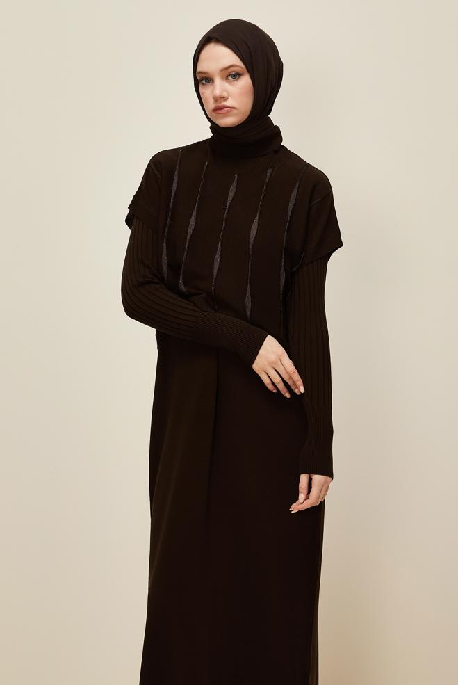 Tesettür giyim KAHVE TUNİKLİ TRİKO ELBİSE 45823 - ALVİNA