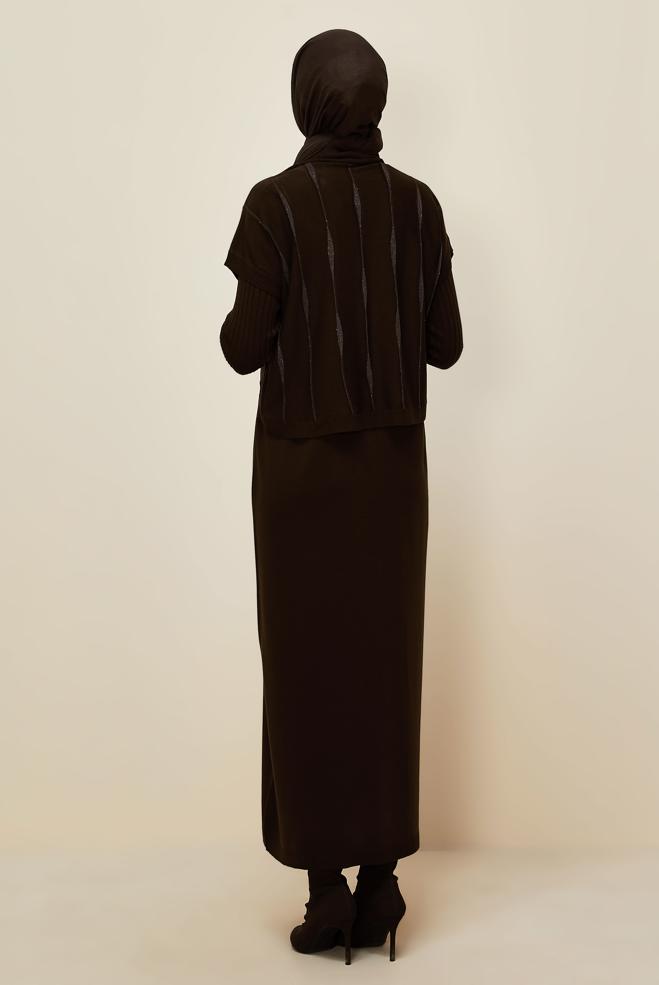 Tesettür giyim KAHVE TUNİKLİ TRİKO ELBİSE 45823 - ALVİNA