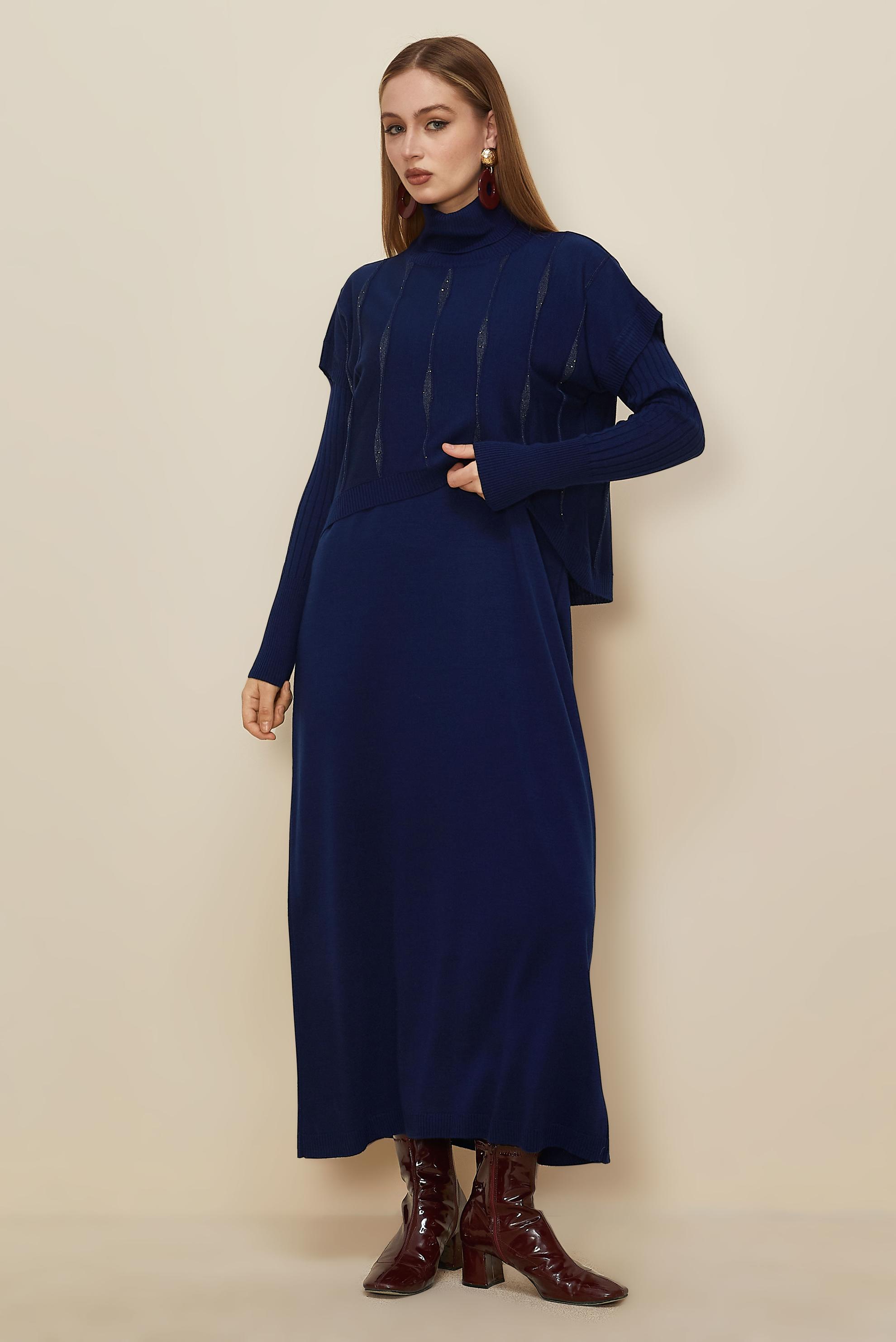 Tesettür giyim LACİVERT 45823 2 Lİ TRİKO ELBİSE 38-46