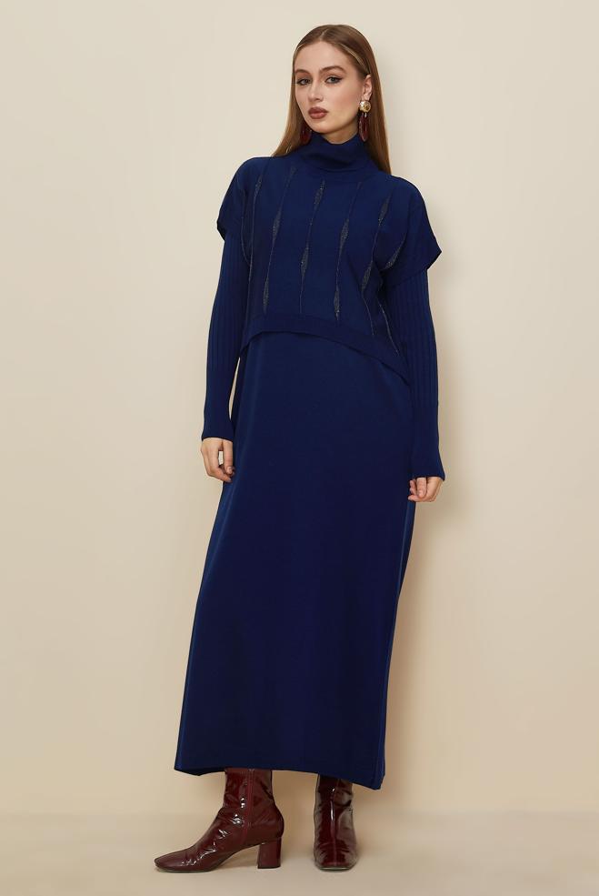 Tesettür giyim LACİVERT 45823 2 Lİ TRİKO ELBİSE 38-46 - ALVİNA