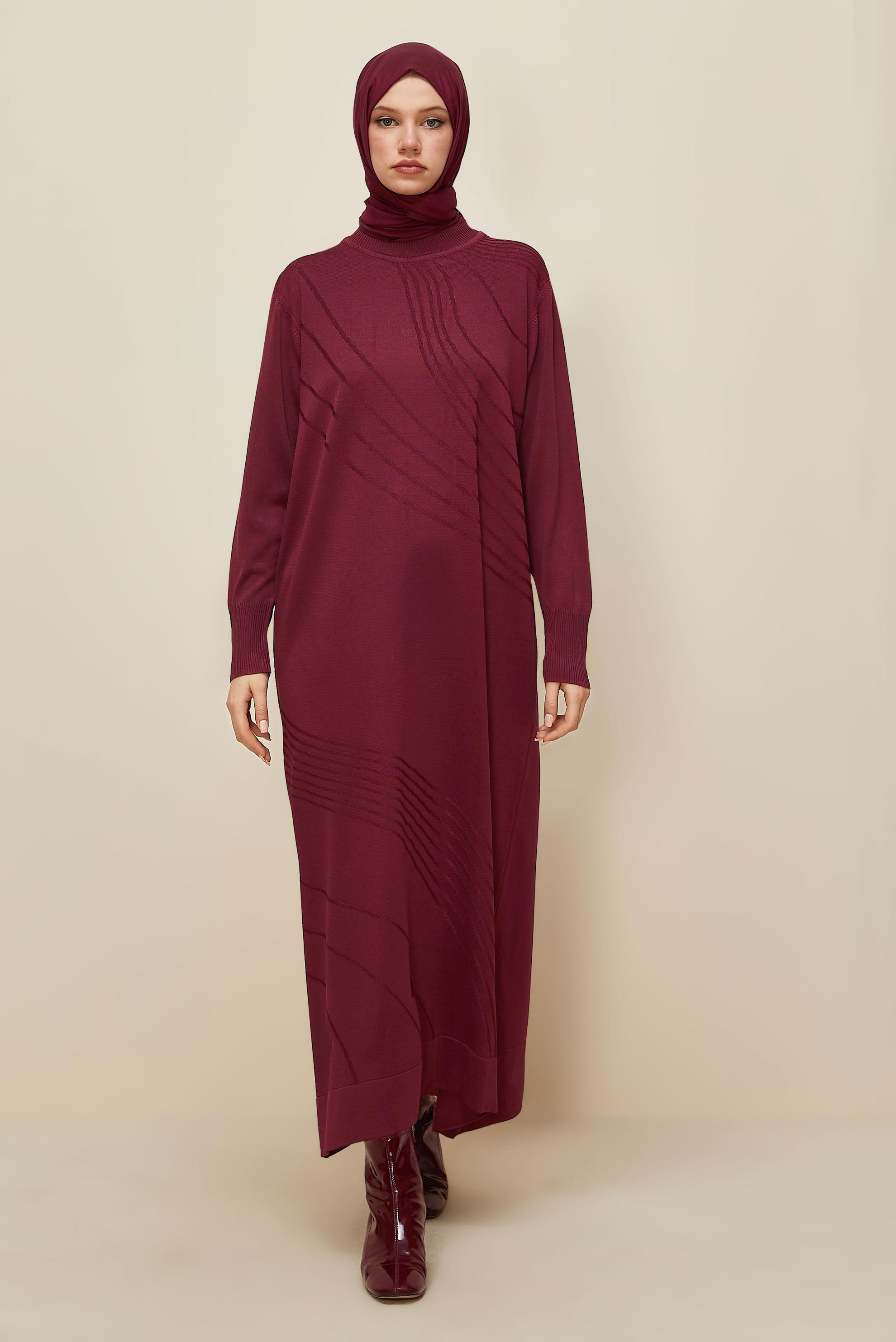 Tesettür giyim BORDO TRİKO ELBİSE 45888